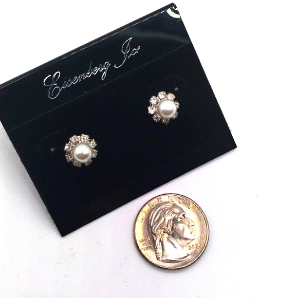 Vintage Eisenberg Ice Pearl Flower Pave Cubic Zirconia Silver Stud Earrings - Picture 4 of 5